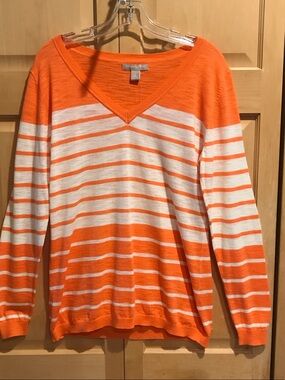 New Banana Republic Factory Orange and White Striped V-Neck Pullover